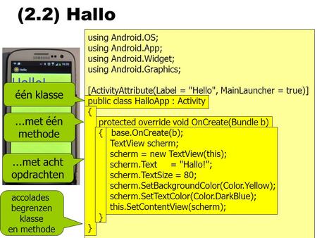 (2.2) Hallo één klasse...met één methode...met acht opdrachten accolades begrenzen klasse en methode using Android.OS; using Android.App; using Android.Widget;