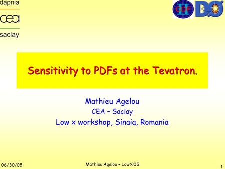 06/30/05 Mathieu Agelou – LowX’05 1 Sensitivity to PDFs at the Tevatron. Mathieu Agelou CEA – Saclay Low x workshop, Sinaia, Romania.