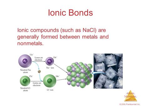 Atoms, Molecules, and Ions © 2009, Prentice-Hall, Inc. Ionic Bonds Ionic compounds (such as NaCl) are generally formed between metals and nonmetals.