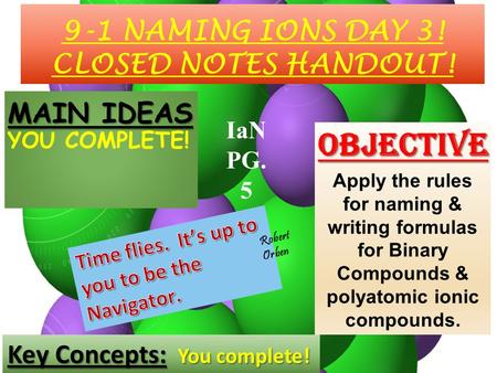 9-1 NAMING IONS DAY 3! CLOSED NOTES HANDOUT! MAIN IDEAS YOU COMPLETE! Objective Apply the rules for naming & writing formulas for Binary Compounds & polyatomic.