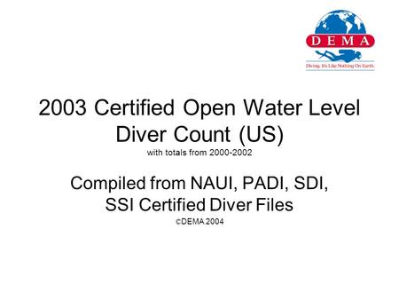 2003 Certified Open Water Level Diver Count (US) with totals from 2000-2002 Compiled from NAUI, PADI, SDI, SSI Certified Diver Files © DEMA 2004.