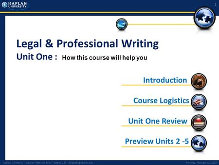 Kaplan University - Adjunct Professor Brian Tippens, J.D. - February 01, 2016 1 Legal & Professional Writing Unit One : Preview.