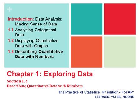 + Chapter 1: Exploring Data Section 1.3 Describing Quantitative Data with Numbers The Practice of Statistics, 4 th edition - For AP* STARNES, YATES, MOORE.