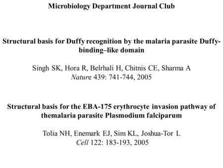 Structural basis for the EBA-175 erythrocyte invasion pathway of themalaria parasite Plasmodium falciparum Tolia NH, Enemark EJ, Sim KL, Joshua-Tor L Cell.