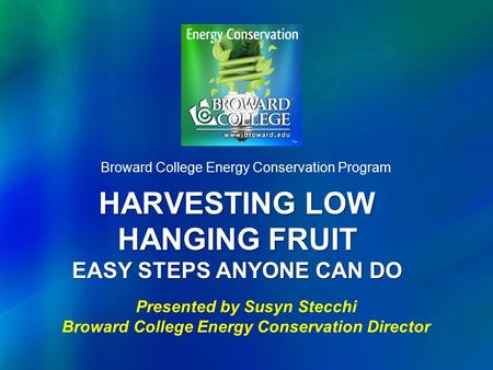 HARVESTING LOW HANGING FRUIT EASY STEPS ANYONE CAN DO Broward College Energy Conservation Program Presented by Susyn Stecchi Broward College Energy Conservation.