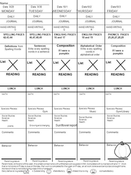 Parent Note: At the end of the week, this sheet comes home with unfinished work squared in INK. Completed with is marked with and “X”. Work that is not.