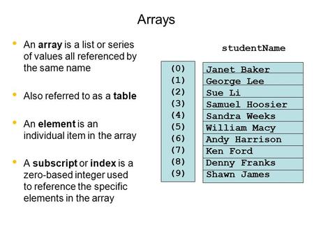 Arrays An array is a list or series of values all referenced by the same name Also referred to as a table An element is an individual item in the array.