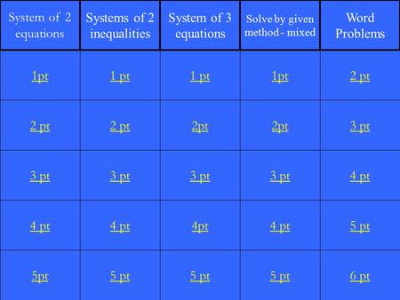 2 pt 3 pt 4 pt 5pt 1 pt 2 pt 3 pt 4 pt 5 pt 1 pt 2pt 3 pt 4pt 5 pt 1pt 2pt 3 pt 4 pt 5 pt 2 pt 3 pt 4 pt 5 pt 6 pt 1pt System of 2 equations Systems of.