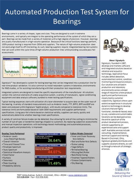 Automated Production Test System for Bearings Bearing Tests Performed Anderon Levels (Low/Med/High Bands) Overall Vibration Time and Filtered Time Envelope.