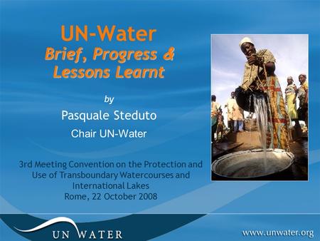 Brief, Progress & Lessons Learnt UN-Water Brief, Progress & Lessons Learnt by Pasquale Steduto Chair UN-Water 3rd Meeting Convention on the Protection.