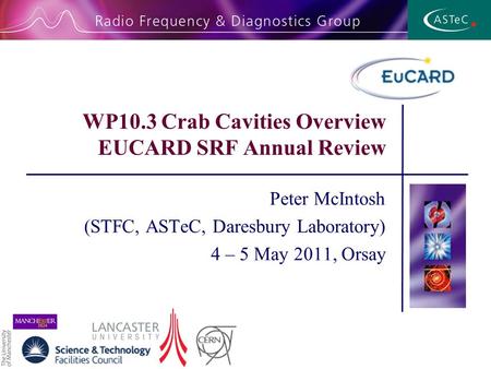 WP10.3 Crab Cavities Overview EUCARD SRF Annual Review Peter McIntosh (STFC, ASTeC, Daresbury Laboratory) 4 – 5 May 2011, Orsay.