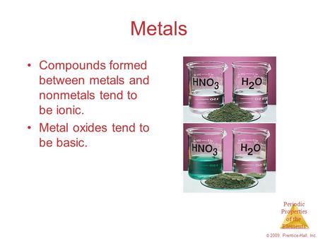 Periodic Properties of the Elements © 2009, Prentice-Hall, Inc. Metals Compounds formed between metals and nonmetals tend to be ionic. Metal oxides tend.