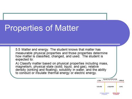 Properties of Matter 5.5 Matter and energy. The student knows that matter has measurable physical properties and those properties determine how matter.