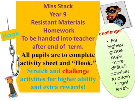 Miss Stack Year 9 Resistant Materials Homework To be handed into teacher after end of term. All pupils are to complete activity sheet and “Hook.” Stretch.