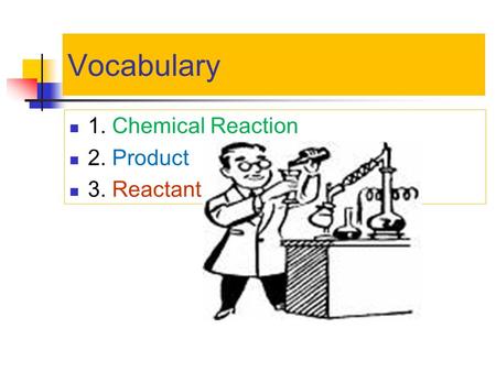 Vocabulary 1. Chemical Reaction 2. Product 3. Reactant.