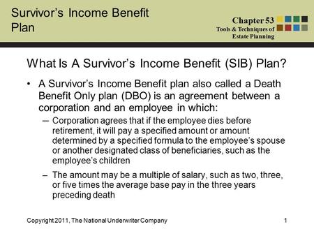 Survivor’s Income Benefit Plan Chapter 53 Tools & Techniques of Estate Planning Copyright 2011, The National Underwriter Company1 A Survivor’s Income Benefit.