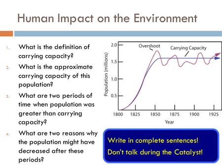 Human Impact on the Environment 1. What is the definition of carrying capacity? 2. What is the approximate carrying capacity of this population? 3. What.