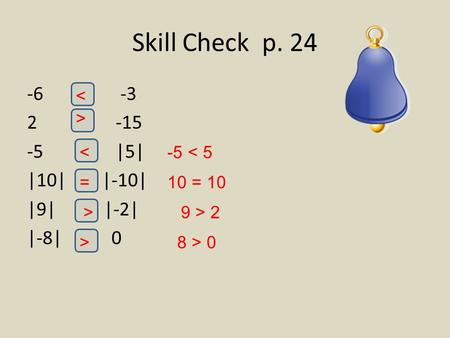 Skill Check p. 24 -6 -3 2 -15 -5 |5| |10| |-10| |9| |-2| |-8| 0 < > < -5 < 5 = 10 > 9 > 2 > 8 > 0.