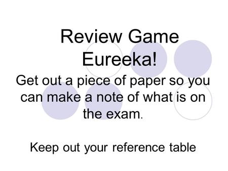 Review Game Eureeka! Get out a piece of paper so you can make a note of what is on the exam. Keep out your reference table.