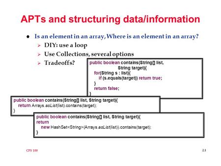 CPS 100 2.1 APTs and structuring data/information l Is an element in an array, Where is an element in an array?  DIY: use a loop  Use Collections, several.