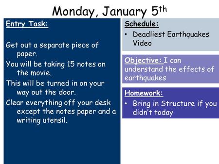 Monday, January 5 th Entry Task: Get out a separate piece of paper. You will be taking 15 notes on the movie. This will be turned in on your way out the.