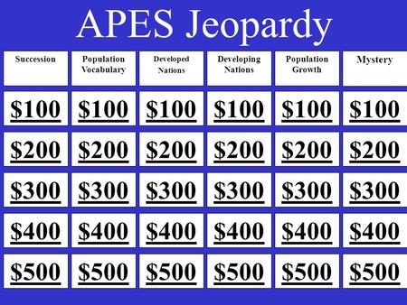 APES Jeopardy $500 $400 $300 $200 $100 $500 $400 $300 $200 $100 $500 $400 $300 $200 $400 $300 $200 $100 $500 $400 $300 $200 $100 $500 $400 $300 $200 $100.