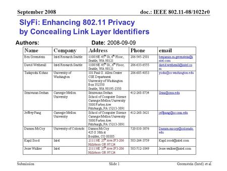 Doc.: IEEE 802.11-08/1022r0 Submission September 2008 Greenstein (Intel) et al. Slide 1 SlyFi: Enhancing 802.11 Privacy by Concealing Link Layer Identifiers.