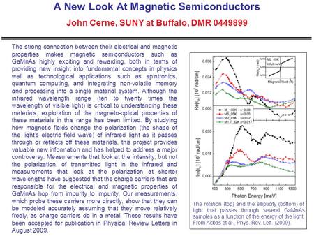 A New Look At Magnetic Semiconductors John Cerne, SUNY at Buffalo, DMR 0449899 The strong connection between their electrical and magnetic properties makes.