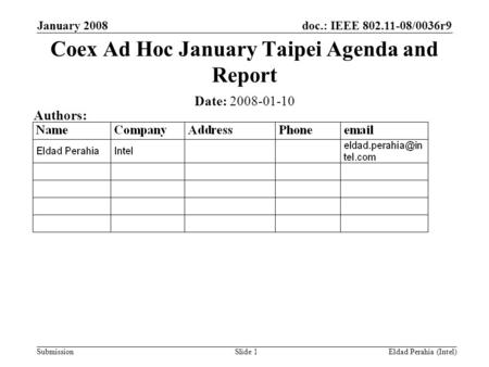 Doc.: IEEE 802.11-08/0036r9 Submission January 2008 Eldad Perahia (Intel)Slide 1 Coex Ad Hoc January Taipei Agenda and Report Date: 2008-01-10 Authors: