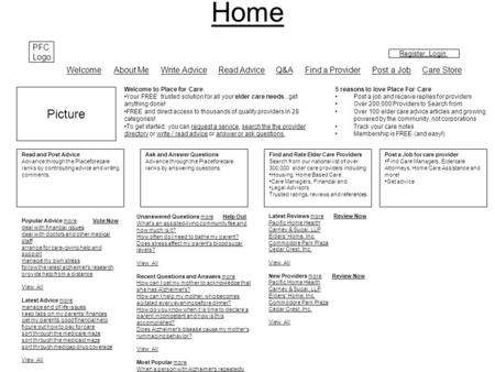 PFC Logo Register, Login Home Welcome About Me Write Advice Read Advice Q&A Find a Provider Post a Job Care Store Read and Post Advice Advance through.