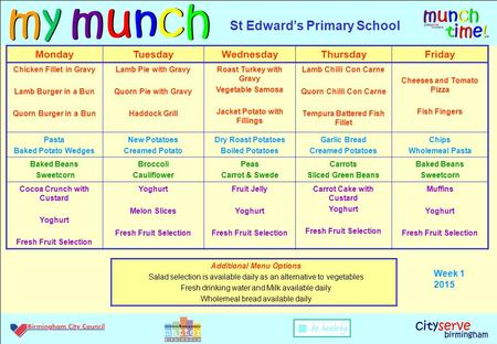 MondayTuesdayWednesdayThursdayFriday Chicken Fillet in Gravy Lamb Burger in a Bun Quorn Burger in a Bun Lamb Pie with Gravy Quorn Pie with Gravy Haddock.