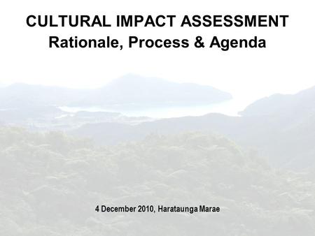 CULTURAL IMPACT ASSESSMENT Rationale, Process & Agenda 4 December 2010, Harataunga Marae.