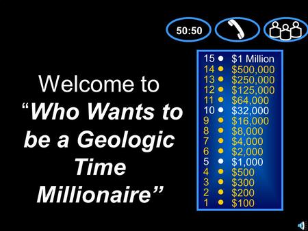 15 14 13 12 11 10 9 8 7 6 5 4 3 2 1 $1 Million $500,000 $250,000 $125,000 $64,000 $32,000 $16,000 $8,000 $4,000 $2,000 $1,000 $500 $300 $200 $100 Welcome.