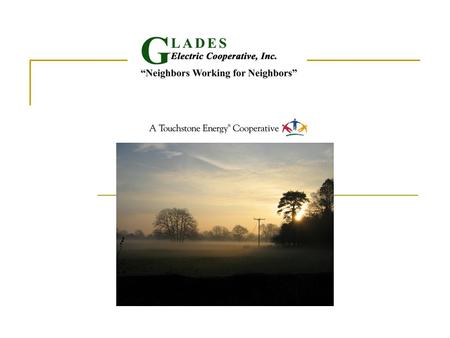 Glades Electric Cooperative Infrastructure Miles of Line 2,213  Overhead Dist.2,180  UndergroundDist. 33  Transmission 87 16,402 meters Average 7.