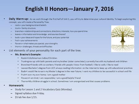 English II Honors—January 7, 2016 Daily Warm-up: As we work through the first half of Unit 1, you will try to determine your cultural identity. To begin.