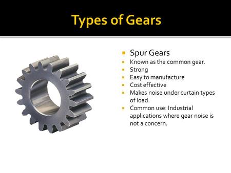  Spur Gears  Known as the common gear.  Strong  Easy to manufacture  Cost effective  Makes noise under curtain types of load.  Common use: Industrial.