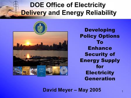 1 DOE Office of Electricity Delivery and Energy Reliability David Meyer – May 2005 Developing Policy Options To Enhance Security of Energy Supply for Electricity.