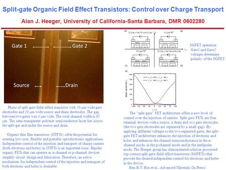 Split-gate Organic Field Effect Transistors: Control over Charge Transport Alan J. Heeger, University of California-Santa Barbara, DMR 0602280 Photo of.