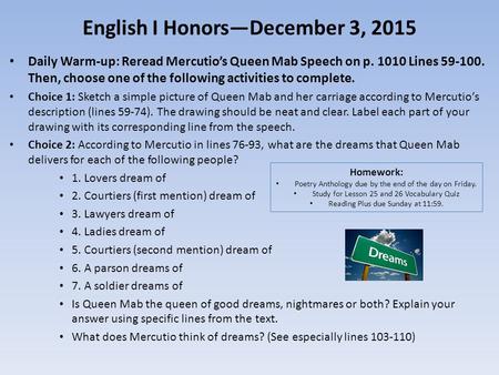 English I Honors—December 3, 2015