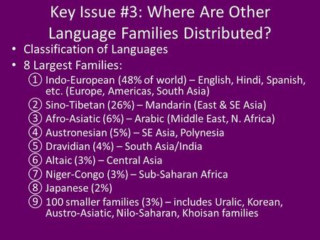 Key Issue #3: Where Are Other Language Families Distributed? Classification of Languages 8 Largest Families: ①Indo-European (48% of world) – English, Hindi,