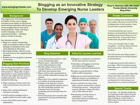 Blogging as an Innovative Strategy To Develop Emerging Nurse Leaders Background Blogging Best Practices Editorial Lessons Learned Reader Comments Special.