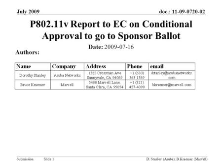 Doc.: 11-09-0720-02 Submission July 2009 D. Stanley (Aruba), B.Kraemer (Marvell) Slide 1 P802.11v Report to EC on Conditional Approval to go to Sponsor.