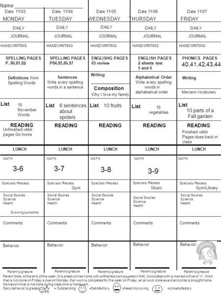 Parent Note: At the end of the week, this sheet comes home with unfinished work squared in INK. Completed with is marked with and “X”. Work that is not.