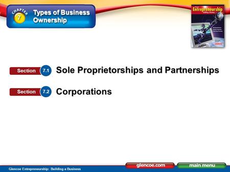 Types of Business Ownership Glencoe Entrepreneurship: Building a Business Sole Proprietorships and Partnerships Corporations 7.1 Section 7.2 Section 7.