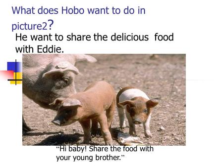 What does Hobo want to do in picture2 ? He want to share the delicious food with Eddie. “ Hi baby! Share the food with your young brother. ”