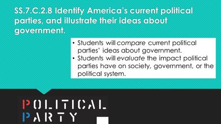 SS.7.C.2.8 Identify America’s current political parties, and illustrate their ideas about government. Students will compare current political parties’