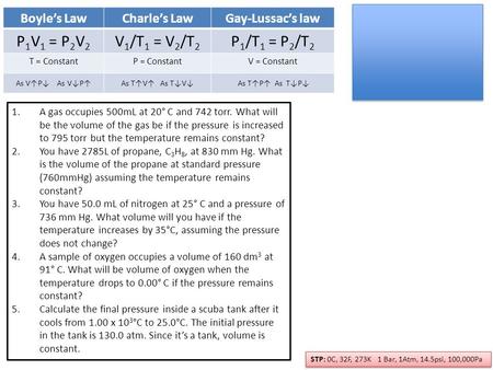 1.A gas occupies 500mL at 20° C and 742 torr. What will be the volume of the gas be if the pressure is increased to 795 torr but the temperature remains.