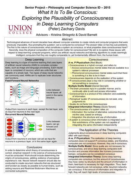 What It Is To Be Conscious: Exploring the Plausibility of Consciousness in Deep Learning Computers Senior Project – Philosophy and Computer Science ID.