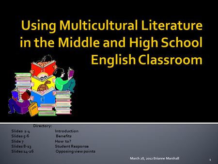 Directory: Slides 1-4Introduction Slides 5-6 Benefits Slide 7How to? Slides 8-13Student Response Slides 14-26 Opposing view points March 28, 2012 Brianne.