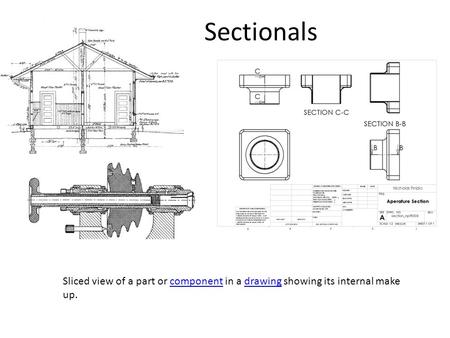 Sectionals Sliced view of a part or component in a drawing showing its internal make up.componentdrawing.